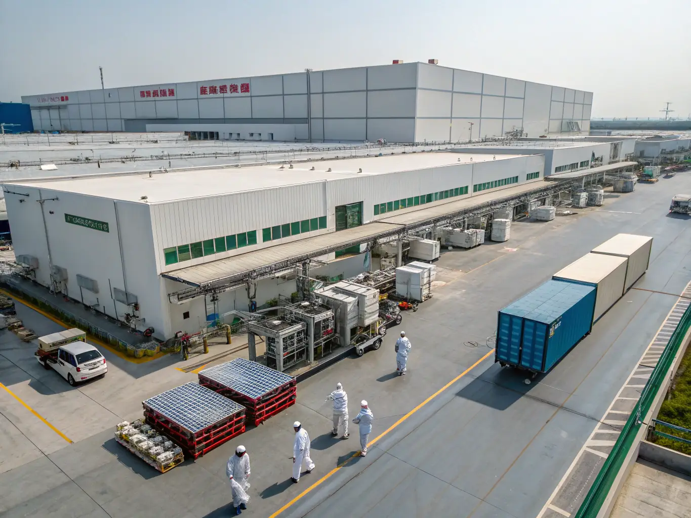 A clean, modern vape factory interior with workers in lab coats assembling vape devices, showcasing a focus on hygiene and precision.