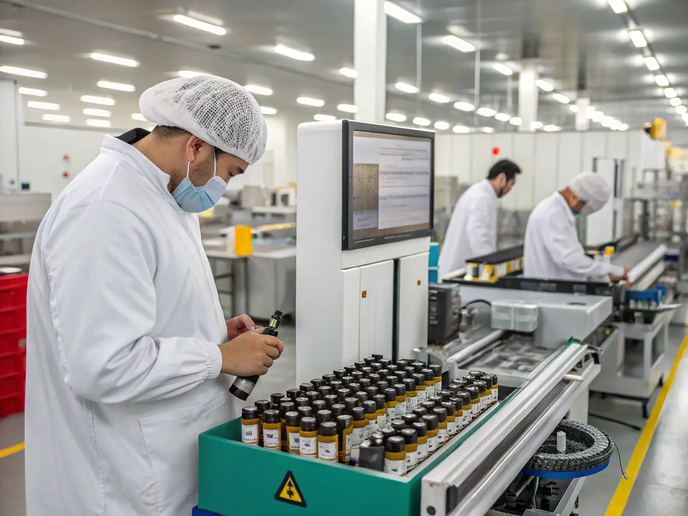 A close-up shot of a quality control technician inspecting vape components in a Florida factory, highlighting the attention to detail.