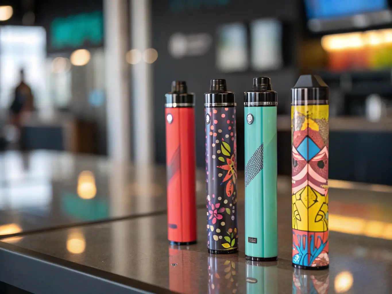A close-up shot of various disposable vapes in different colors and flavors, arranged on a clean, modern surface. The background is blurred to focus on the disposables, highlighting their sleek designs and portability.
