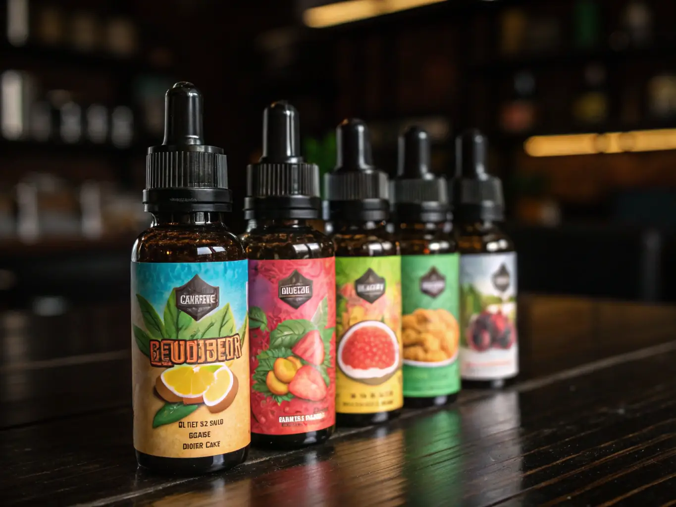 A vibrant display of various e-liquid bottles, showcasing different flavors and nicotine strengths, arranged against a backdrop of vape hardware. The image is designed to highlight the extensive range of e-liquid options available.